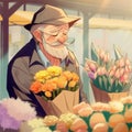 art with a Japanese old man buying flowers at the market Royalty Free Stock Photo