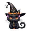 Art for kids, halloween cute black cat wearing a witches hat