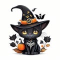 Art for kids, halloween cute black cat wearing a witches hat