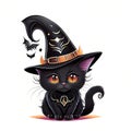 Art for kids, halloween cute black cat wearing a witches hat