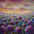 Art landscape flower meadow acrylic Pink purple Flowers wildflower in blue green grass