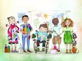 Art lesson in school. Group of happy children, include the boy in the wheelchair, drawing, talking, having fun. Royalty Free Stock Photo