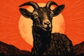 Art life of goat in nature, block print style ai generate