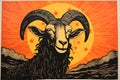 Art life of goat in nature, block print style ai generate