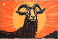 Art life of goat in nature, block print style ai generate