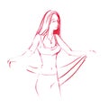 Art line of belly dancer. Young slender girl in east suit shows movement of arabic dance. Drawing by lines. Isolated Royalty Free Stock Photo