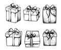 Art line drawing of different gift boxes with ribbon bow. Set of presents in black one line. Royalty Free Stock Photo