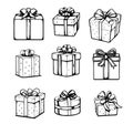 Art line drawing of different gift boxes with ribbon bow. Set of presents in black one line. Holiday doodle icons for Royalty Free Stock Photo