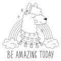 Art llama drawing for t-shirts. Be amazing today text. Design for kids. Fashion illustration drawing in modern style for clothes.