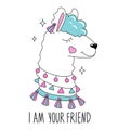 Art llama drawing for t-shirts. I am your friend text. Design for kids. Fashion illustration drawing in modern style for clothes.