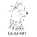 Art llama drawing for t-shirts. I am your friend text. Design for kids. Fashion illustration drawing in modern style for clothes.