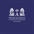 Art logo design. Capital letter A. Elegant emblem with crown, dragon wings. Beautiful creative monogram. Graceful sign for Royalty