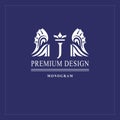 Art logo design. Capital letter J. Elegant emblem with crown, dragon wings. Beautiful creative monogram. Graceful sign for Royalty Royalty Free Stock Photo