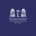 Art logo design. Capital letter L. Elegant emblem with crown, dragon wings. Beautiful creative monogram. Graceful sign for Royalty Royalty Free Stock Photo