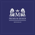 Art logo design. Capital letter M. Elegant emblem with crown, dragon wings. Beautiful creative monogram. Graceful sign for Royalty Royalty Free Stock Photo