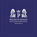 Art logo design. Capital letter P. Elegant emblem with crown, dragon wings. Beautiful creative monogram. Graceful sign for Royalty Royalty Free Stock Photo