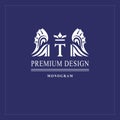 Art logo design. Capital letter T. Elegant emblem with crown, dragon wings. Beautiful creative monogram. Graceful sign for Royalty