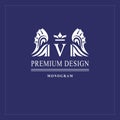 Art logo design. Capital letter V. Elegant emblem with crown, dragon wings. Beautiful creative monogram. Graceful sign for Royalty Royalty Free Stock Photo