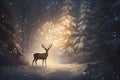 art with a magical forest deer with large golden horns, he stands in a fairy forest. AI generated