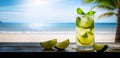 tropical summer vacation at the beach bar longdrink majito cocktail on blurred tropical beach background. generative AI Royalty Free Stock Photo