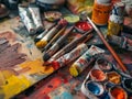 Paint brushes and paints on a table in an artist\'s studio Royalty Free Stock Photo