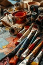 Paint brushes and paints on a table in an artist\'s studio Royalty Free Stock Photo