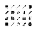 Art materials flat line icons set. Painting and Writing Tools - Brushes, Spray, Color palette, Paint Bucket and more Royalty Free Stock Photo