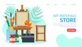 Art materials store, web page, vector illustration. Mobile online market with oil paint, brush, watercolor and easel