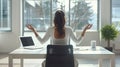 The Art of Meditation Practiced by a Brunette Businesswoman at Work