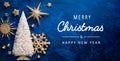 A Merry Christmas and Happy Holidays greeting card, frame, banner. New Year. Noel. Christmas ornaments on blue background top Royalty Free Stock Photo