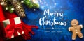 Art Merry Christmas and Happy Holidays greeting card, frame, banner. New Year. Noel. Christmas ornaments and holidays gift on blue Royalty Free Stock Photo