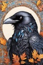 Close-up charming raven in mosaik art, animal creatures, realistic, UHD drawing, printable, wallart, 8k