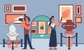 Art museum gallery exhibit with people. Culture painting with tourist visitor and flat artwork vector illustration. Couple cartoon