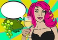 Pop art woman with glass of red wine. Beautiful woman Close up drinking wine.