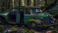 Cars covered with moss are abandoned in the rainforest