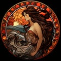 art nouveau girl with long hair in a circular frame Royalty Free Stock Photo