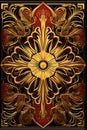 art nouveau gold and red ornamental design on a black background