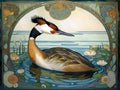 art nouveau illustration of a great crested grebe in an ornate decorative golden background