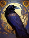 art nouveau illustration of a raven in an ornate decorative golden background