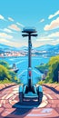 Art Nouveau-inspired Electric Scooter With Vibrant Cityscapes And Mountainous Vistas
