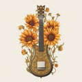 Art Nouveau-inspired Guitar Illustration With Sunflowers