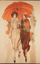 Art Nouveau-inspired Illustration Of Two Women With Red Umbrella And Flowers