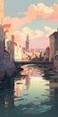 Art Nouveau-inspired River With Buildings: A Villagecore Anime Aesthetic