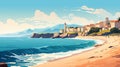 Art Nouveau-inspired Town On A Beach: Stunning Mediterranean Landscapes In Vintage Poster Design