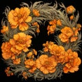 Art Nouveau Marigold Wreath Fabric: Sculptural Engraving With Baroque Realism