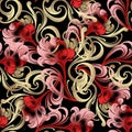 Art nouveau ornamental vintage floral hand drawn seamless pattern. Antique beautiful red gold flowers ornament on black background Royalty Free Stock Photo