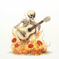 Art Nouveau Skeleton Playing Guitar On Red Roses In Fiery Illustration