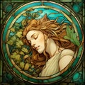 art nouveau stylization for stained glass with sleeping girl