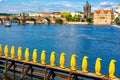 Art object march of yellow penguins. Weird art statues of Prague