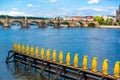 Art object march of yellow penguins. Weird art statues of Prague Royalty Free Stock Photo